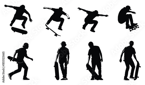Set of eight skateboarder silhouettes vector illustration collection isolated on white background with various poses and actions