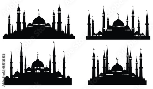 Set of four black mosque silhouettes with domes and minarets islamic architecture symbols for religious design elements