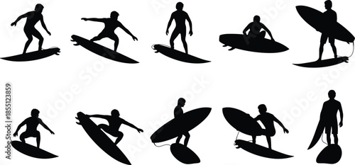 Silhouettes of People Surfing and Carrying Surfboards in Various Positions ocean