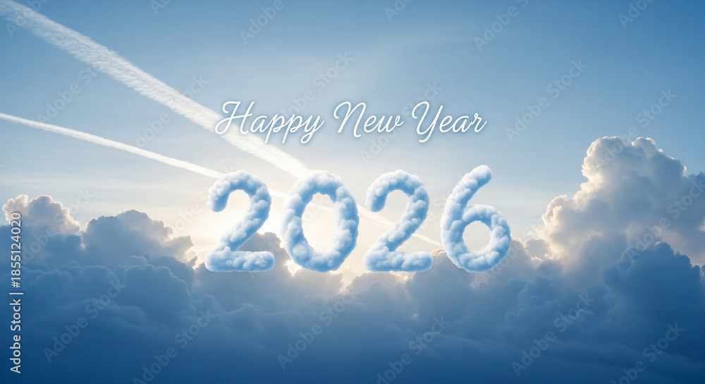 Fototapeta premium Sky background with clouds and contrails, with text 