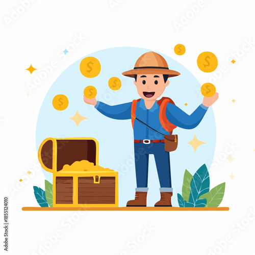 Man discovering treasure chest filled with gold coins in a lush environment