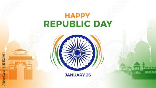 Happy Republic Day India Ashoka Chakra emblem and Indian landmarks patriotic holiday celebration gra