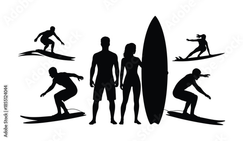 Set of surfer silhouettes catching waves and standing with surfboards on a white background summer beach sport activities