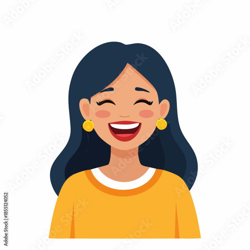 A smiling woman with long dark hair wearing a yellow shirt is laughing with joy from a close-up view.