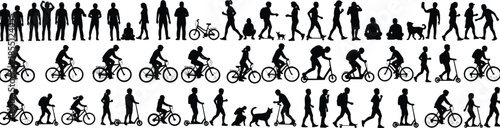 Silhouettes of people walking, riding bicycles, and using scooters with dogs