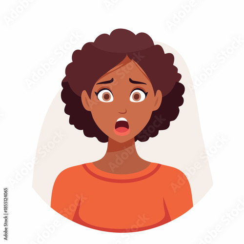 A frightened woman with curly hair and orange shirt looking shocked and worried with a surprised expression