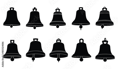 Set of ten black bell silhouettes with different shapes and details traditional sound instruments for various occasions