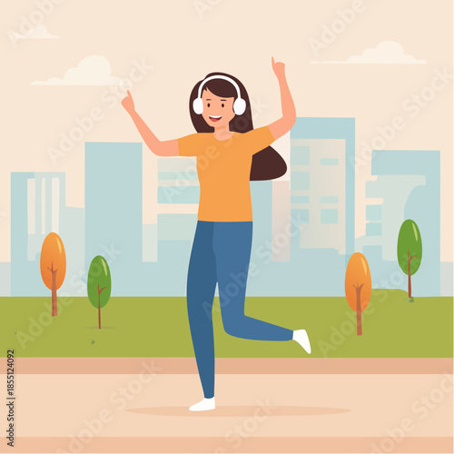 A young woman happily dancing in a park with city buildings in the background while listening to music on headphones.