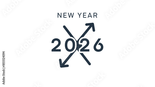 Graphic design of 'NEW YEAR 2026' with crossing arrows on a white background in a minimalist style.
