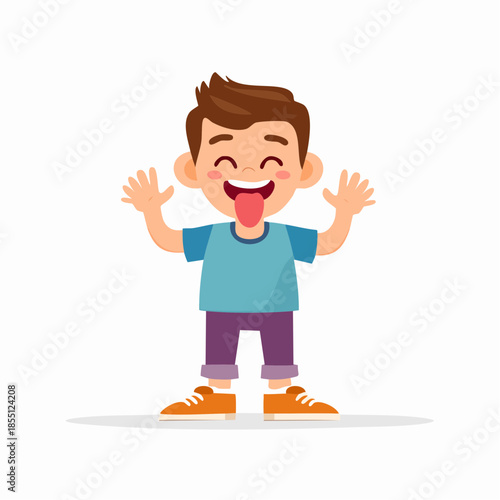 A young boy stands enthusiastically with hands raised in a joyful expression