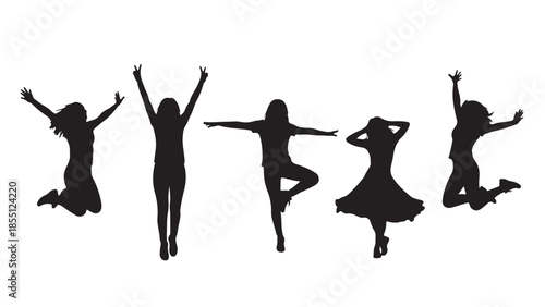 Happy Active Women Silhouettes or Jumping for Joy Vector Illustration.