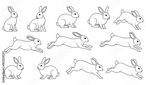 Set of twelve isolated cute easter rabbits in various poses standing sitting running outline vector illustration