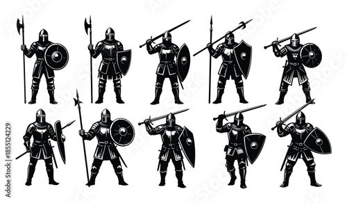 Set of ten medieval knights vector silhouettes with different weapons and poses on white background, black and white color illustration
