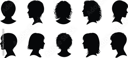Ten black silhouette profiles of women with different hairstyles black and white