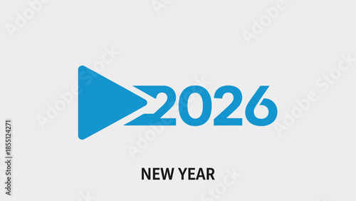 Graphic design of a blue play button with '2026' and 'New Year' text on a white background.