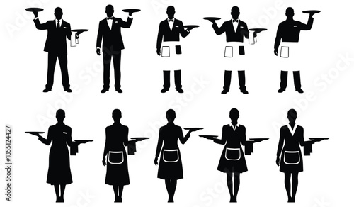 Set of waiters and waitresses silhouettes vector illustration serving staff restaurant personnel uniform with apron collection