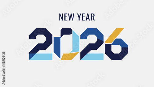 Graphic design of New Year 2026 with colorful blocks on white background, modern typography.