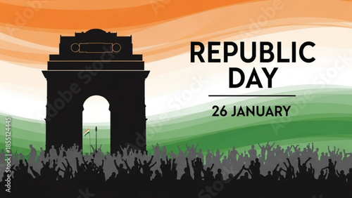 India Gate silhouette with Republic Day text celebrating national holiday with crowd saffron white a