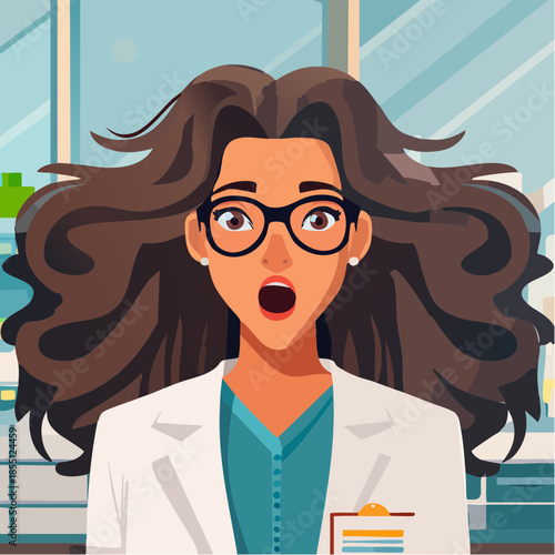 A surprised female scientist in a laboratory setting wearing a white lab coat and glasses