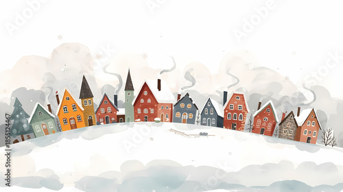 Colorful houses in snowy village illustration