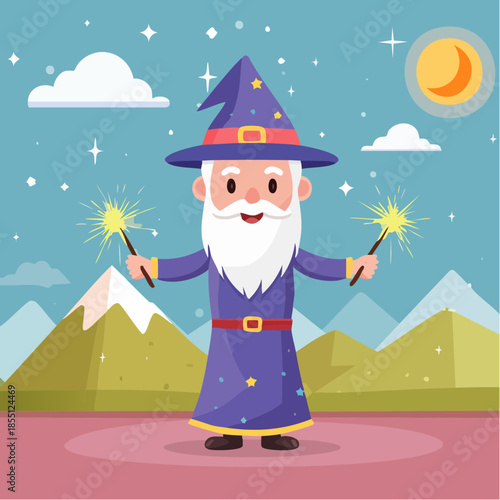 A wizard casting magic spells under the night sky with mountains in the background