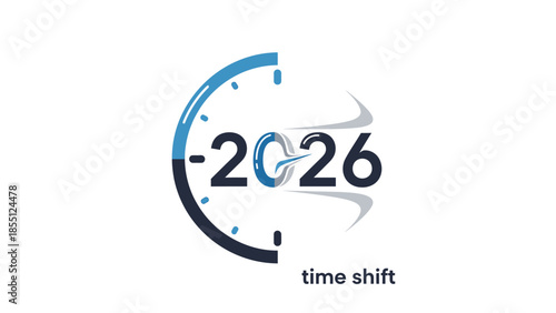 Logo design featuring a stylized clock and '2026' with a 'time shift' tagline on a white background.