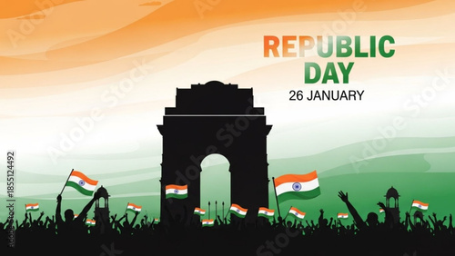 India Gate silhouette with Indian flags and crowd celebrating Republic Day vector illustration for n