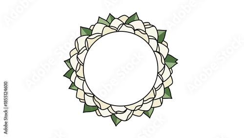 White Flower Mandala Frame with Green Leaves and Copy Space
