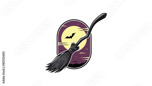 Halloween Witch Broomstick Flying Moon Bat Night Sky Illustration