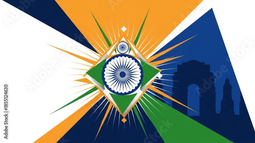 Indian flag inspired abstract design with Ashoka Chakra and India Gate silhouette representing natio