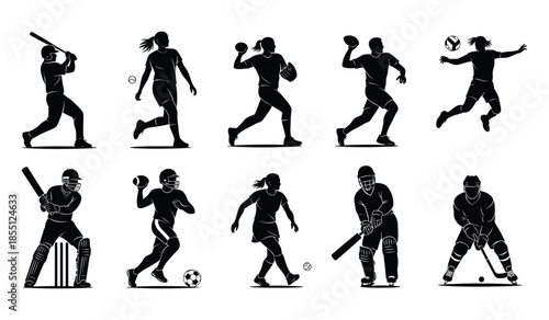 Silhouette vector collection of men and women athletes playing various sports like baseball, softball, cricket, hockey, and soccer