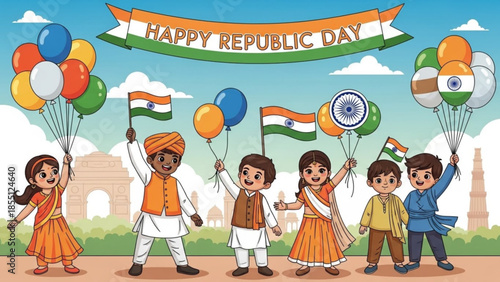 Children celebrating Indian Republic Day with flags and balloons festive illustration for national h