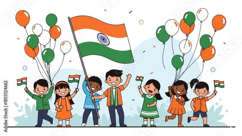 Diverse children celebrating Indias Independence Day with flag and balloons vector illustration for 