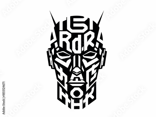 Abstract Geometric Graphic of a Humanoid Face in Black and White, Design Concept
