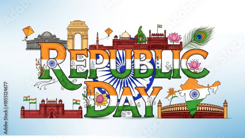 Republic Day India text art with landmarks flags and cultural symbols vector illustration for nation