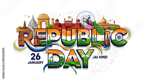Republic Day India text art with landmarks 26 January celebration Jai Hind concept vibrant colors ve