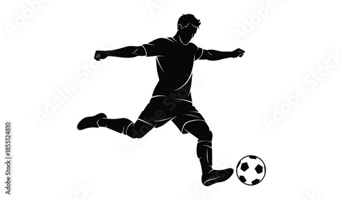 Soccer player silhouette vector illustration. Man kicking football ball. Sportsman in uniform playing match. Active sport game