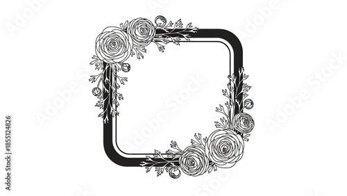 Floral Square Frame with Roses and Leaves - Black and White Line Art