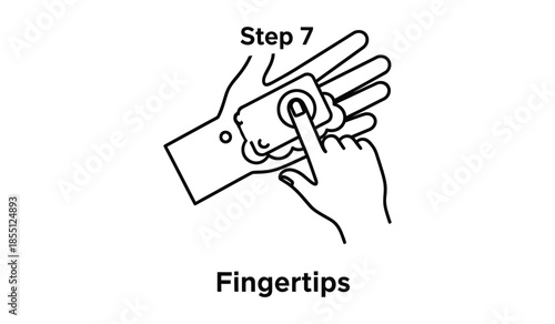 Step 7 fingertips of hand washing process, pictogram icon or symbol, hygiene instruction illustration in black line art