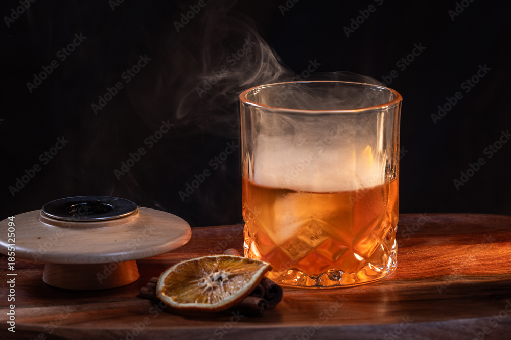 custom made wallpaper toronto digitalSmoked whiskey cocktail served on the rocks with dramatic lighting served on a wooden surface.