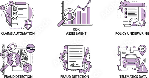 Six blurry purple and black illustrations of unidentifiable machinery and equipment on transparent  background