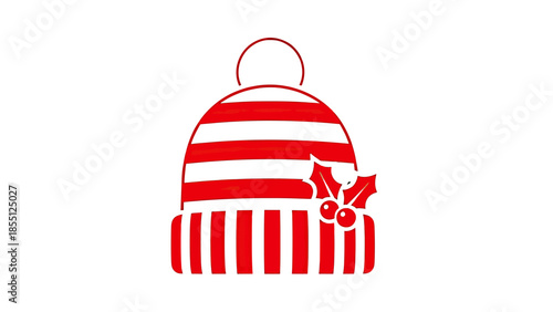 Red and White Striped Winter Hat with Holly - Festive Holiday Icon