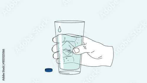 Hand holding glass with dissolving pill.