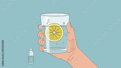 Hand holding glass of lemon water.