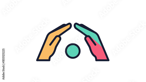 Two abstract hands forming a protective roof over a green circle icon