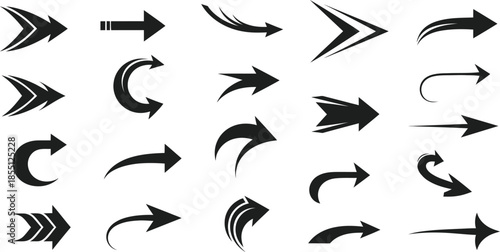 A collection of 20 black arrow icons on a transparent background