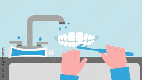 Hands Holding Toothbrush Near Teeth Illustration.