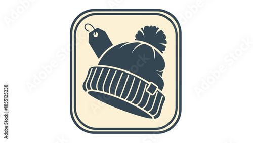 Winter Hat Icon with Pom Pom and Price Tag, Cozy Clothing Symbol