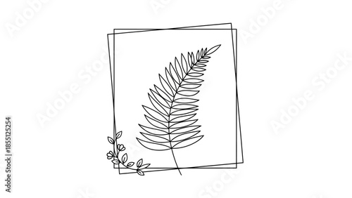 Minimalist line art fern leaf illustration in geometric frame, botanical design element