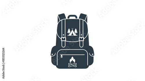 Camping Backpack Icon with Tent and Campfire Symbols